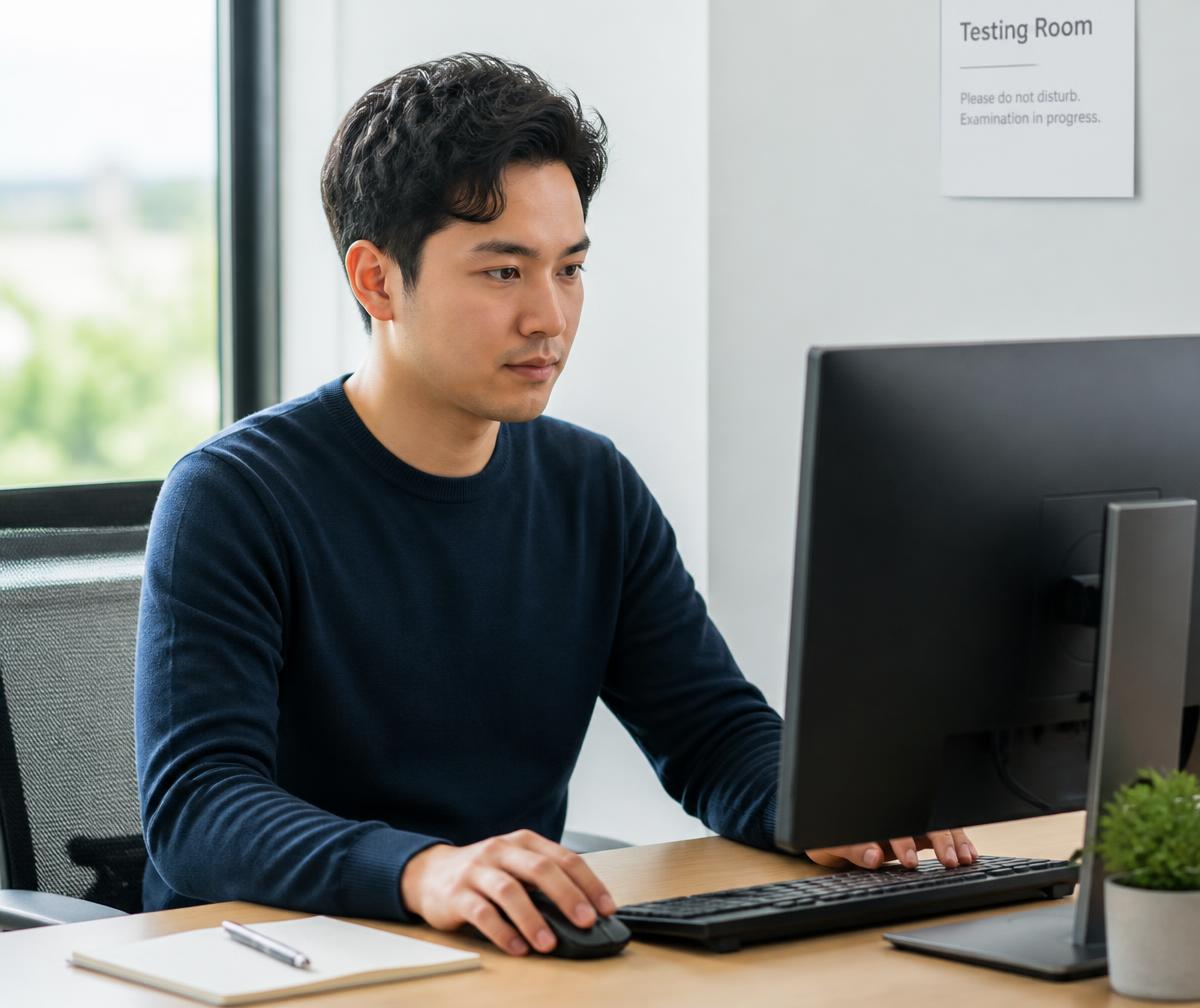 A candidate focused on a computer-based exam in a calm, light room.
