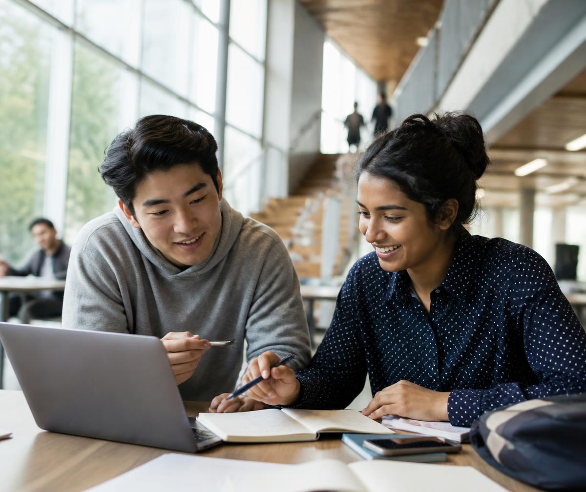 Two students collaborating over a laptop in a sunlit campus space.